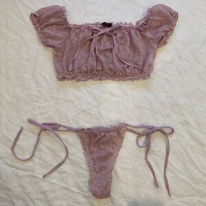 Avidlove Sheer Swiss Dot Peasant Bralette and Thong Set in Soft Mauve M